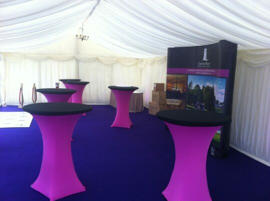 Corporate Event Branding Pink Black Pod Table Marquee
