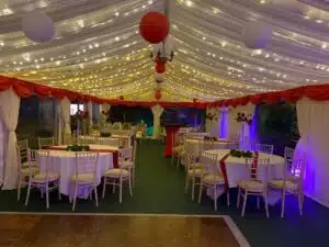 Marquee - Fairylight Ceiling, White Lining and Red Pelmets